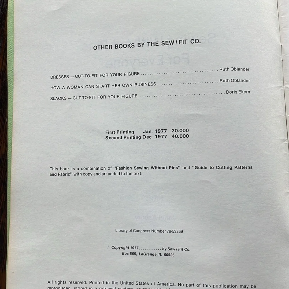 Sewing without Pins for Everyone by Ruth Oblander by Sew Fit Co. copyright 1977